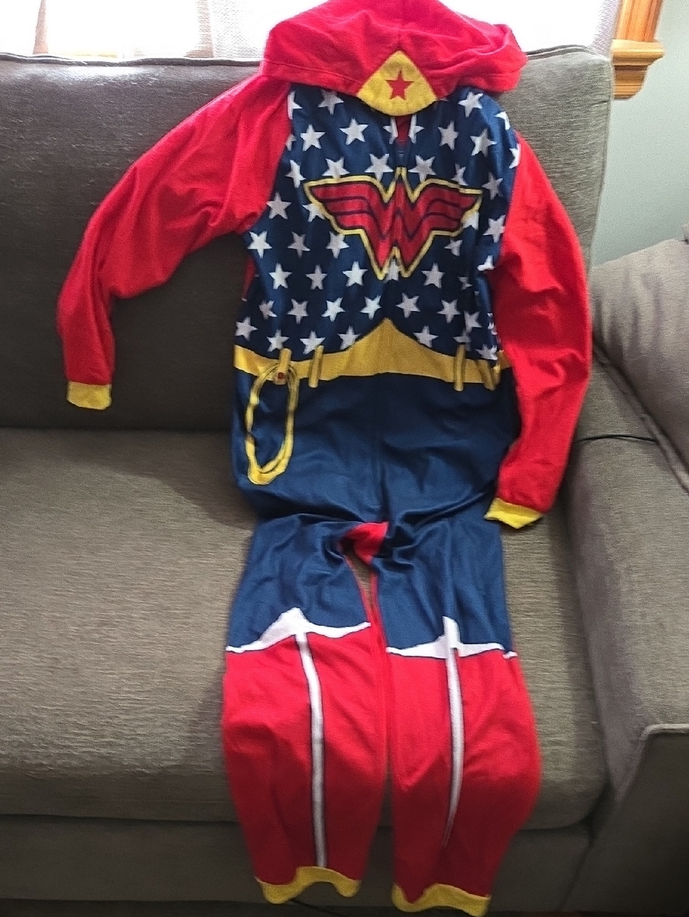 Womens' Superhero Hooded Jumpsuit Costume - Red, Blue & Yellow